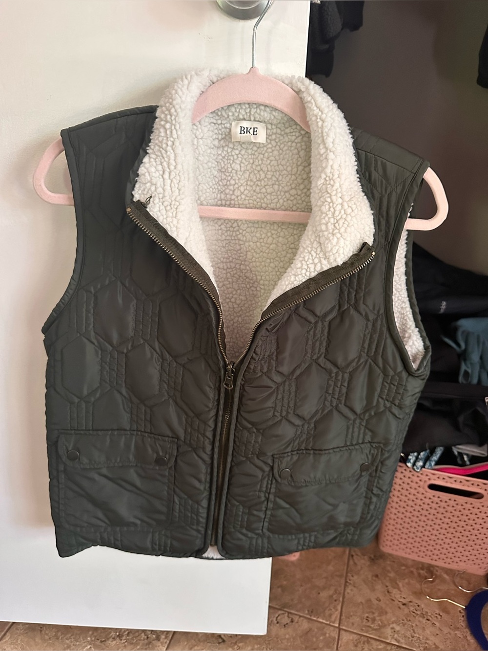 BKE Quilted Olive Green Sherpa-Lined Vest
